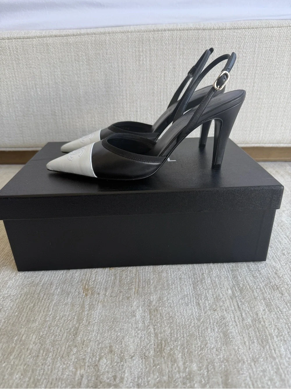 CHANEL Black & White Pointed Toe Slingback Pumps